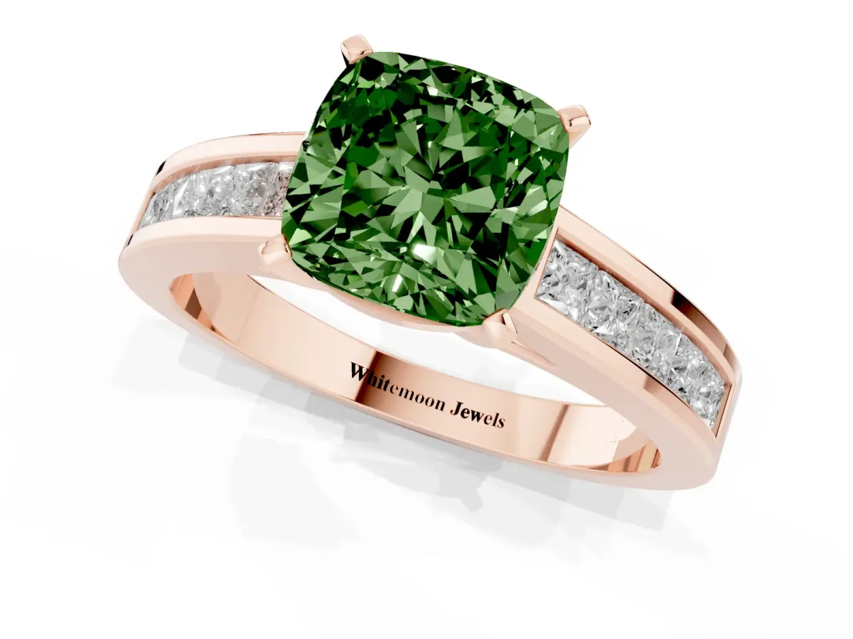 Fancy Green Cushion Cut Solitaire Diamond Ring with Channel-Set Band and Four-Prong Setting Rose gold