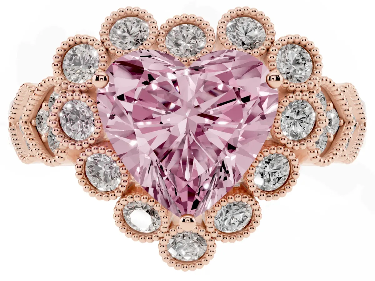 Fancy Pink Heart Cut Brilliant Milgrain Pave Heart Band Solitaire Ring Rose gold