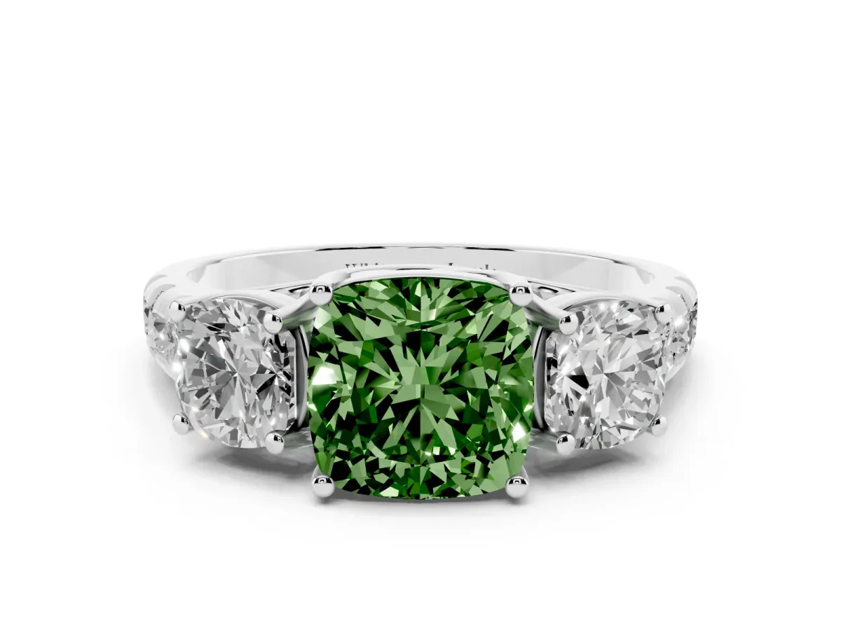 Fancy Green Three-Stone Cushion Cut Diamond Pavé Band with Prong Setting Silver