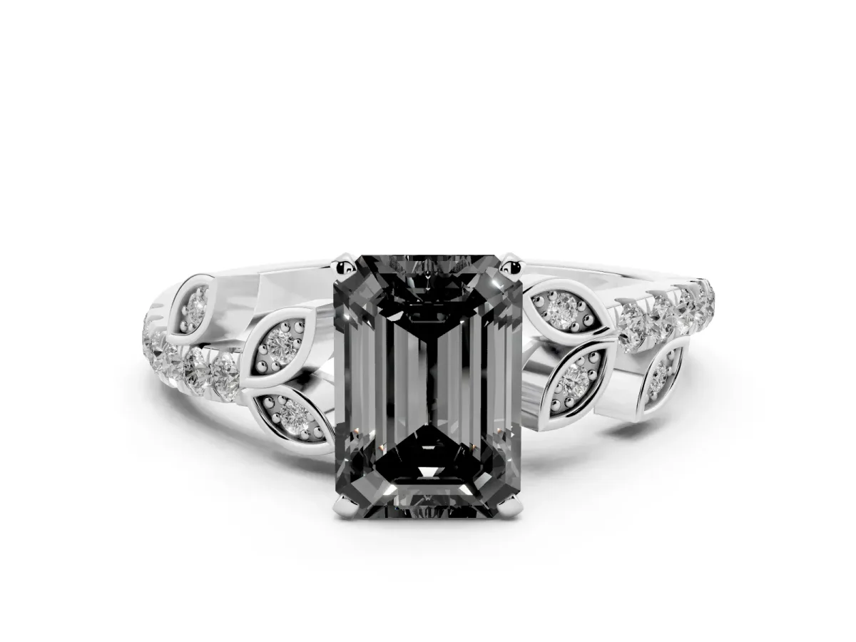 Fancy Black Emerald Cut Solitaire Leaf-Inspired Diamond Ring with Pavé Band and Four-Prong Setting Silver