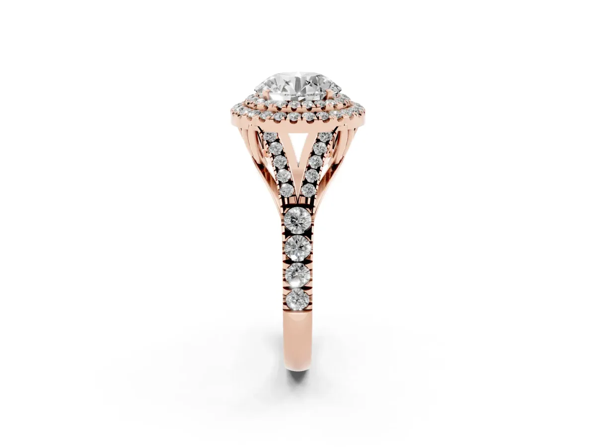 Round Cut Diamond Pavé Split Shank Double Halo Engagement Ring Rose gold