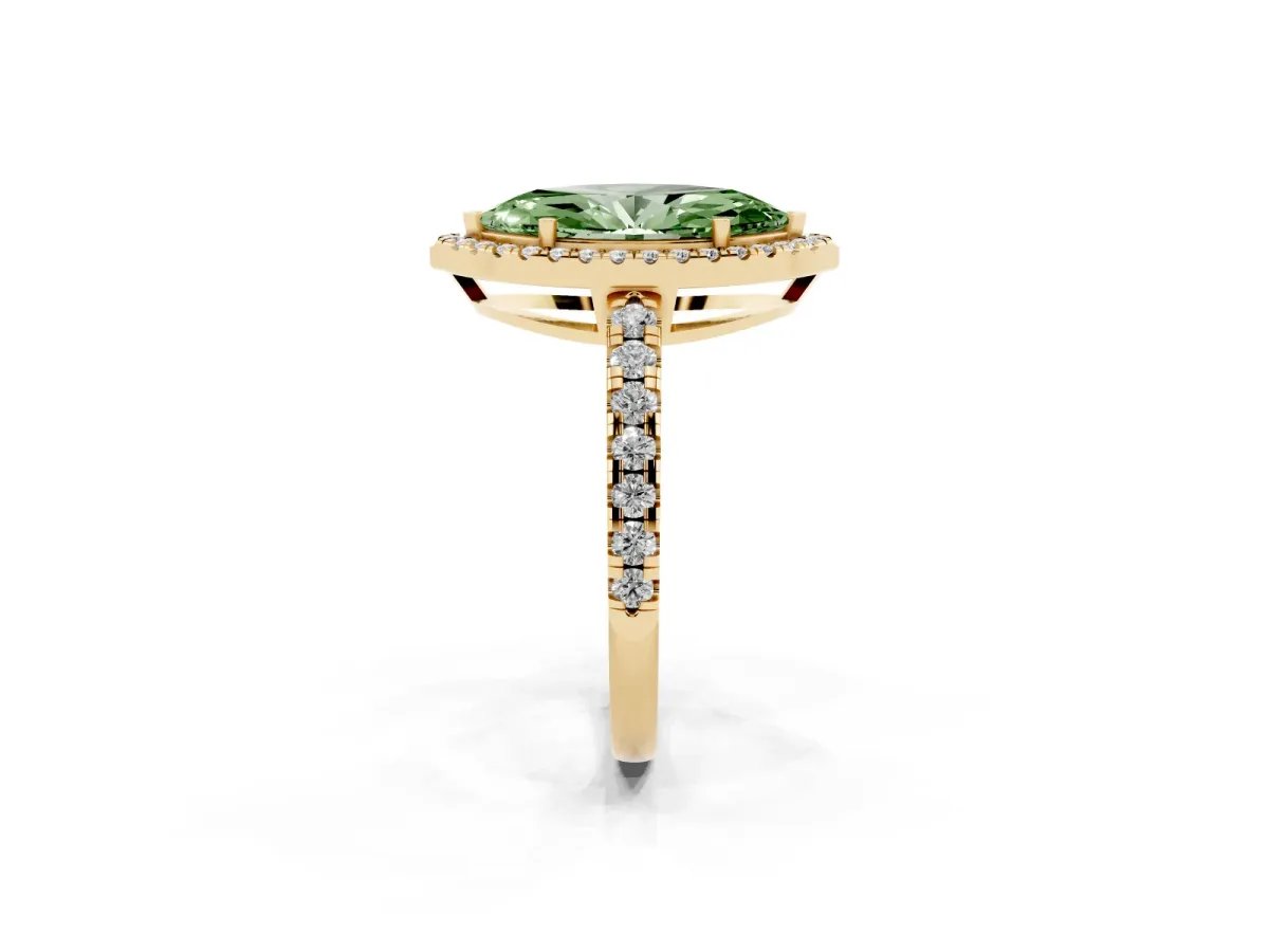 Fancy Green Marquise Cut Diamond Halo Ring with Pavé Band and Four-Prong Setting Yellow gold