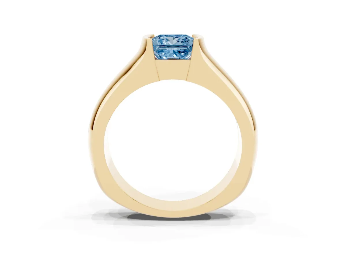 Fancy Blue Princess Cut Solitaire Bezel Set Diamond Ring with Wide Band Yellow gold