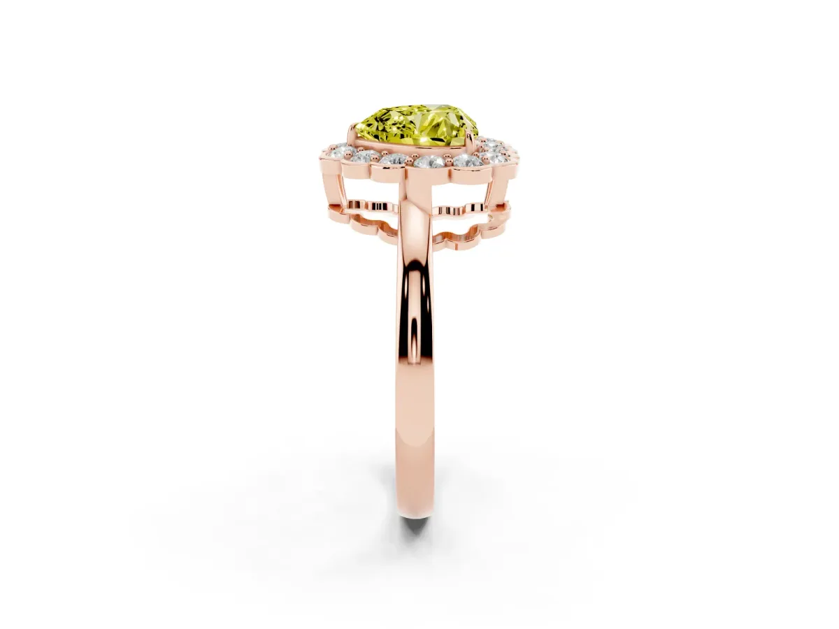 Fancy Yellow Heart Cut Halo Cluster Diamond Engagement Ring with Solitaire Band and Prong Setting Rose gold