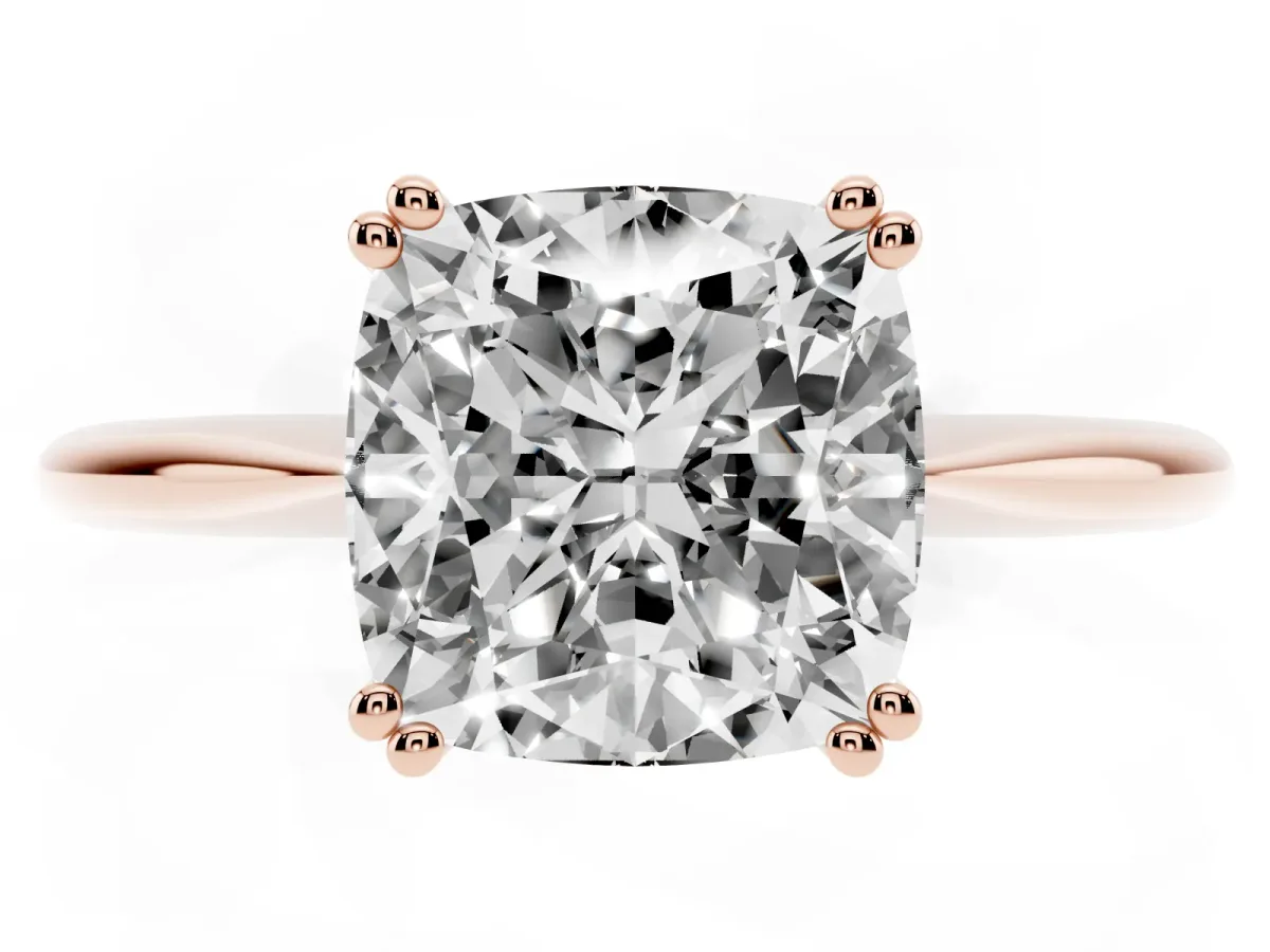 Cushion Cut Solitaire Diamond Ring with Six-Prong Setting and Classic Band Rose gold