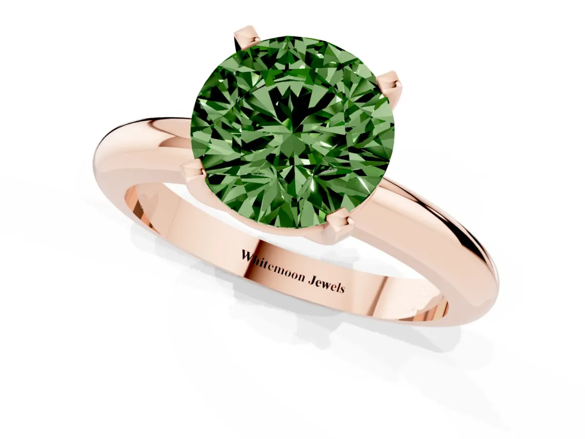 Fancy Green Round Cut Diamond Solitaire Engagement Ring with Round Band and Four-Prong Setting Rose gold