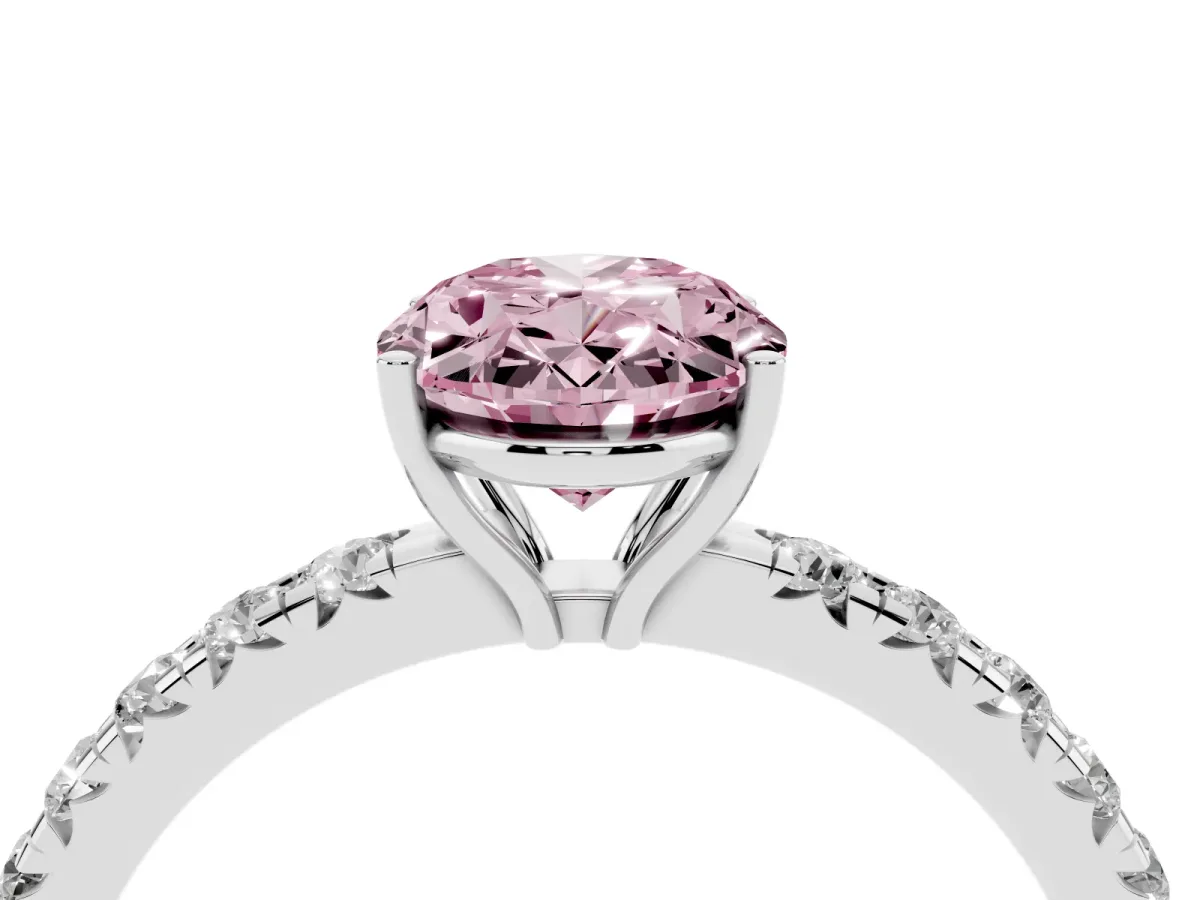 Fancy Pink Oval Cut Diamond Pavé Solitaire Engagement Ring with Four-Prong Setting Platinum