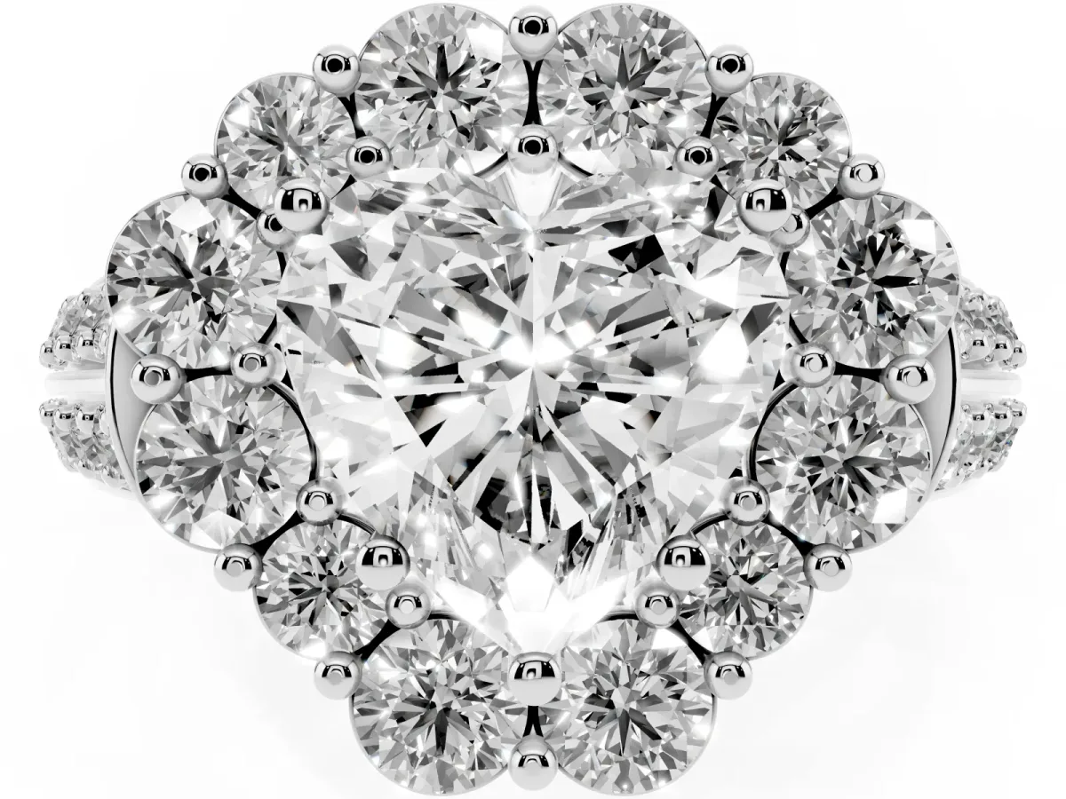 Heart Cut Halo Diamond Engagement Ring with Split Shank and Prong Setting Silver
