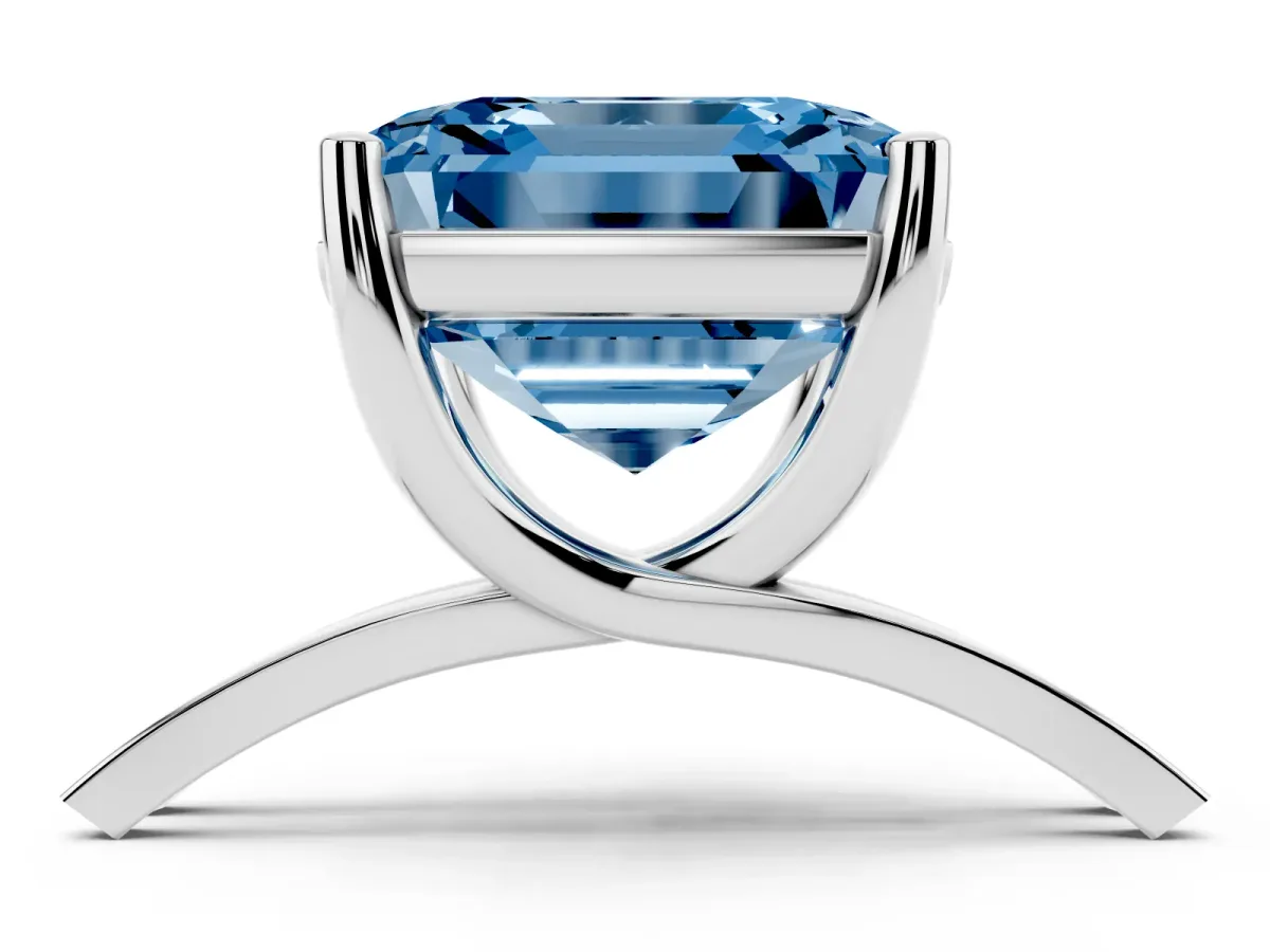 Fancy Blue Asscher Cut Cut Diamond Solitaire Engagement Ring with Tapered Plain Band and Four-Prong Setting Silver