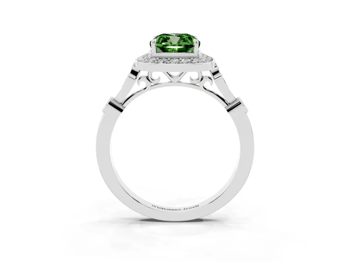 Fancy Green Cushion Cut Halo Diamond Engagement Ring with Twisted Band and Four-Prong Setting White gold