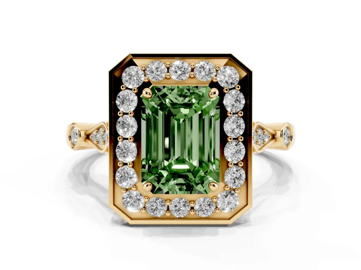 Fancy Green Emerald Cut Halo Diamond Engagement Ring with Twisted Band and Four-Prong Setting Yellow gold