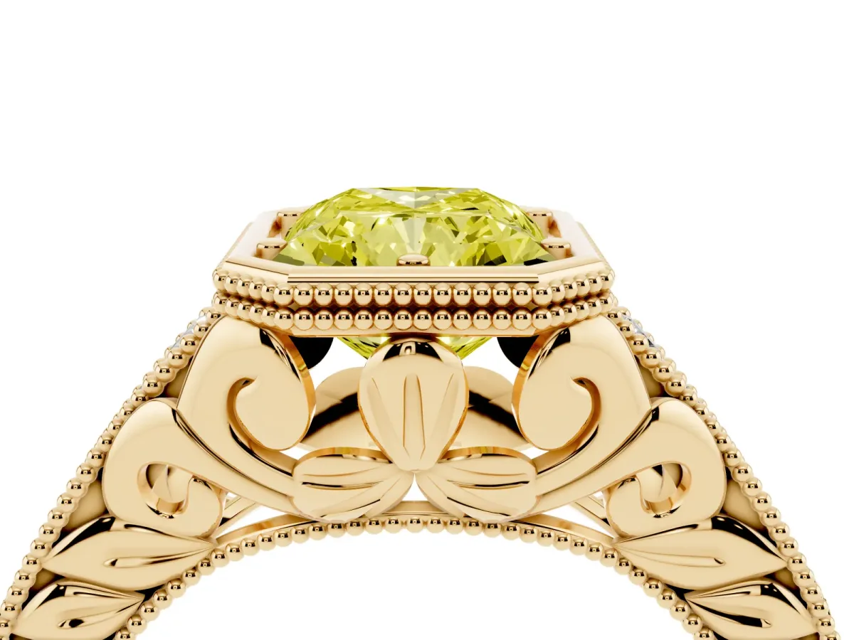 Fancy Yellow Bezel Set Radiant Cut Diamond Milgrain Pave Engagement Ring Yellow gold