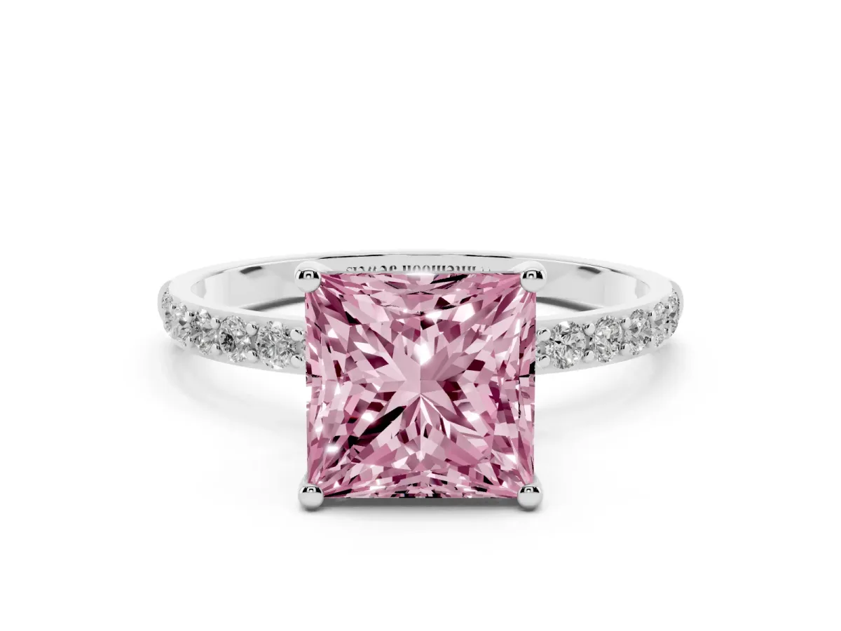 Fancy Pink Princess Cut Diamond Solitaire Ring with Round Pavé Shoulders and Prong Setting Silver