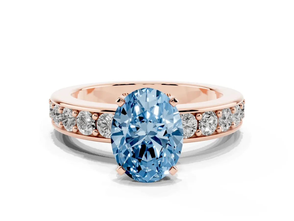 Fancy Blue Oval Cut Diamond Engagement Ring with Channel Set Round Band and Prong Setting Rose gold