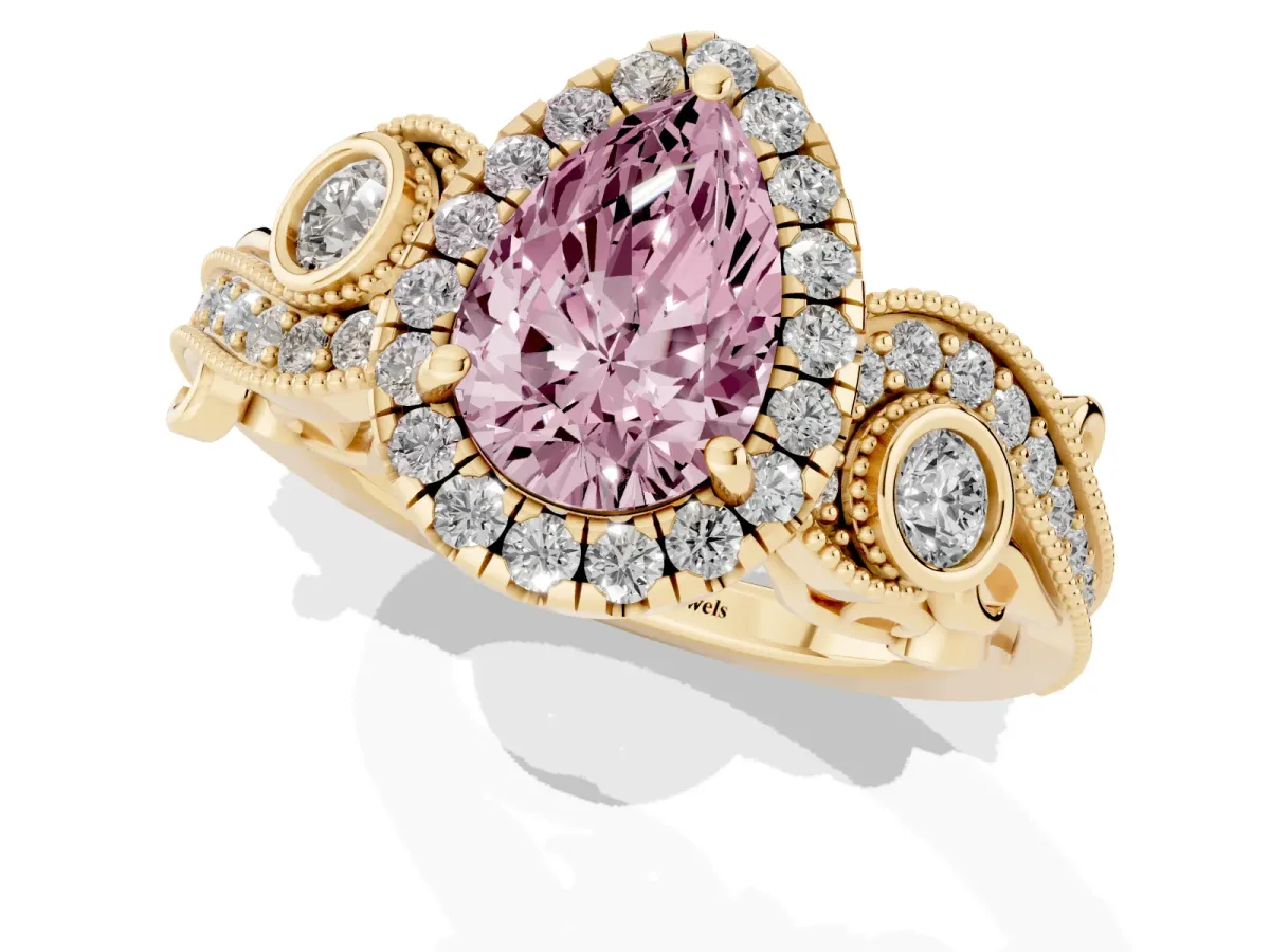 Fancy Pink Pear Cut Diamond Halo Ring with Milgrain Pavé Band and Four-Prong Setting Yellow gold