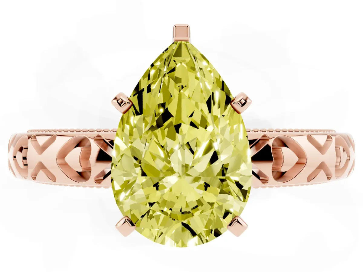 Fancy Yellow Pear Cut Solitaire Diamond Engagement Ring with XO Engraved Band and Four-Prong Setting Rose gold