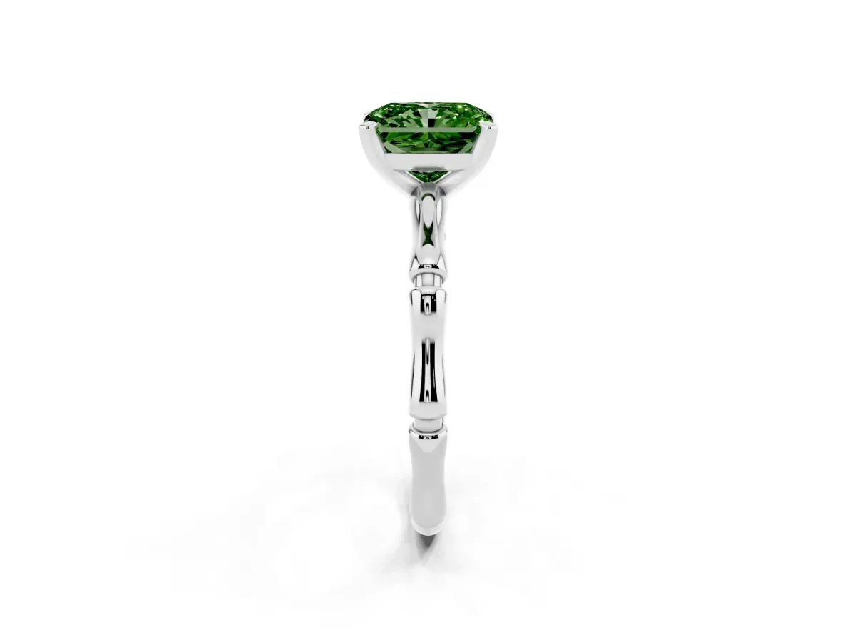 Fancy Green Radiant Cut Solitaire Diamond Ring with Bamboo Band and Four-Prong Setting Silver