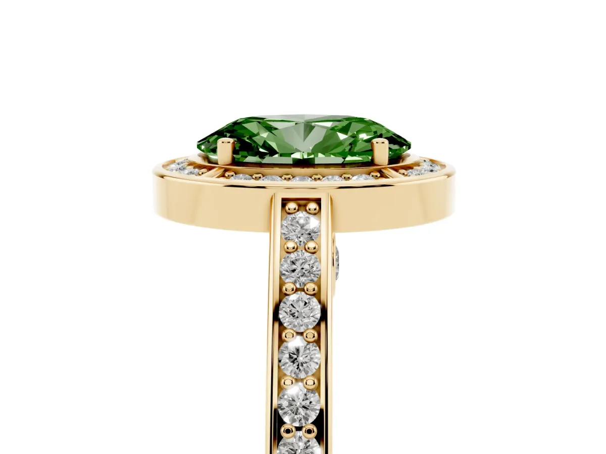 Fancy Green Oval Cut Cut Halo Pave Split Shank Prong Setting Ring Yellow gold