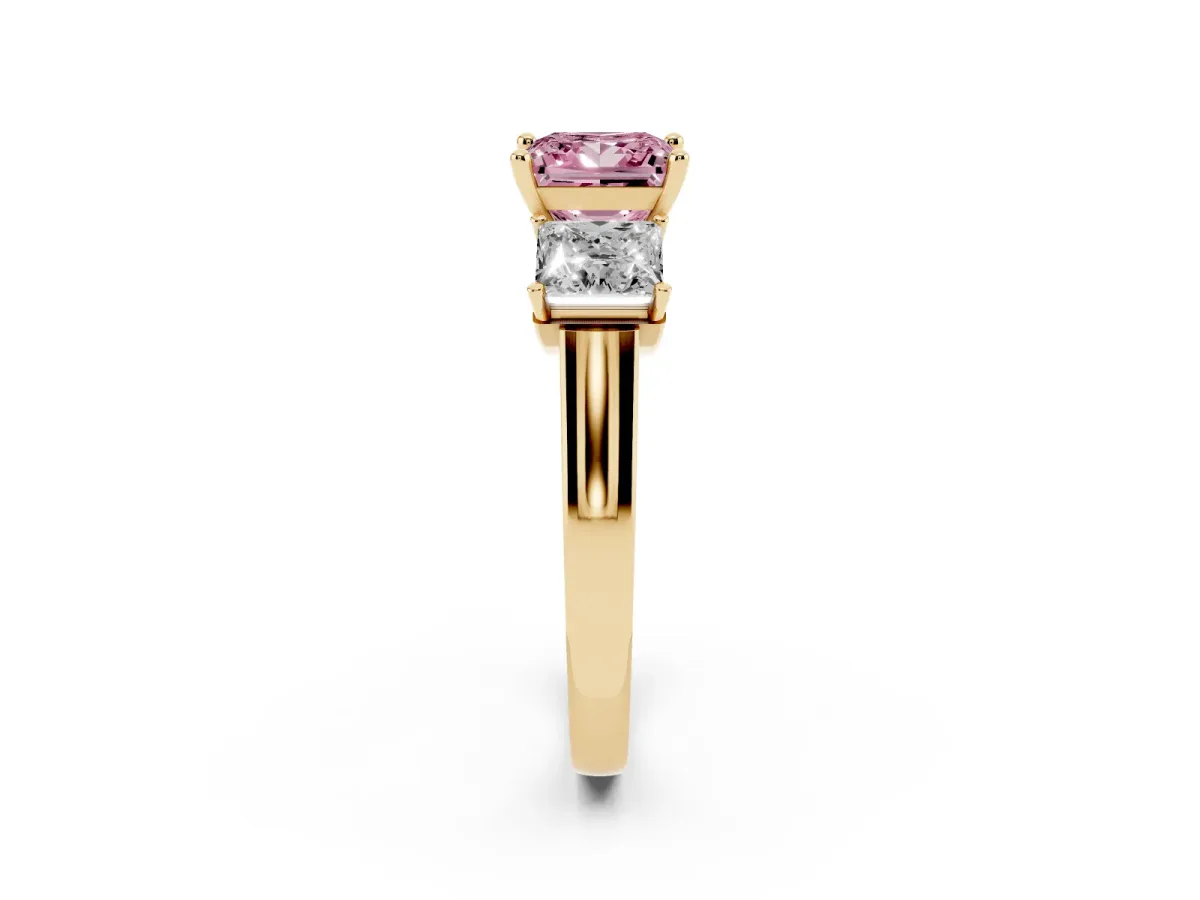 Fancy Pink Three-Stone Princess Cut Brilliant Diamond Trellis Ring with Comfort Fit Band Yellow gold