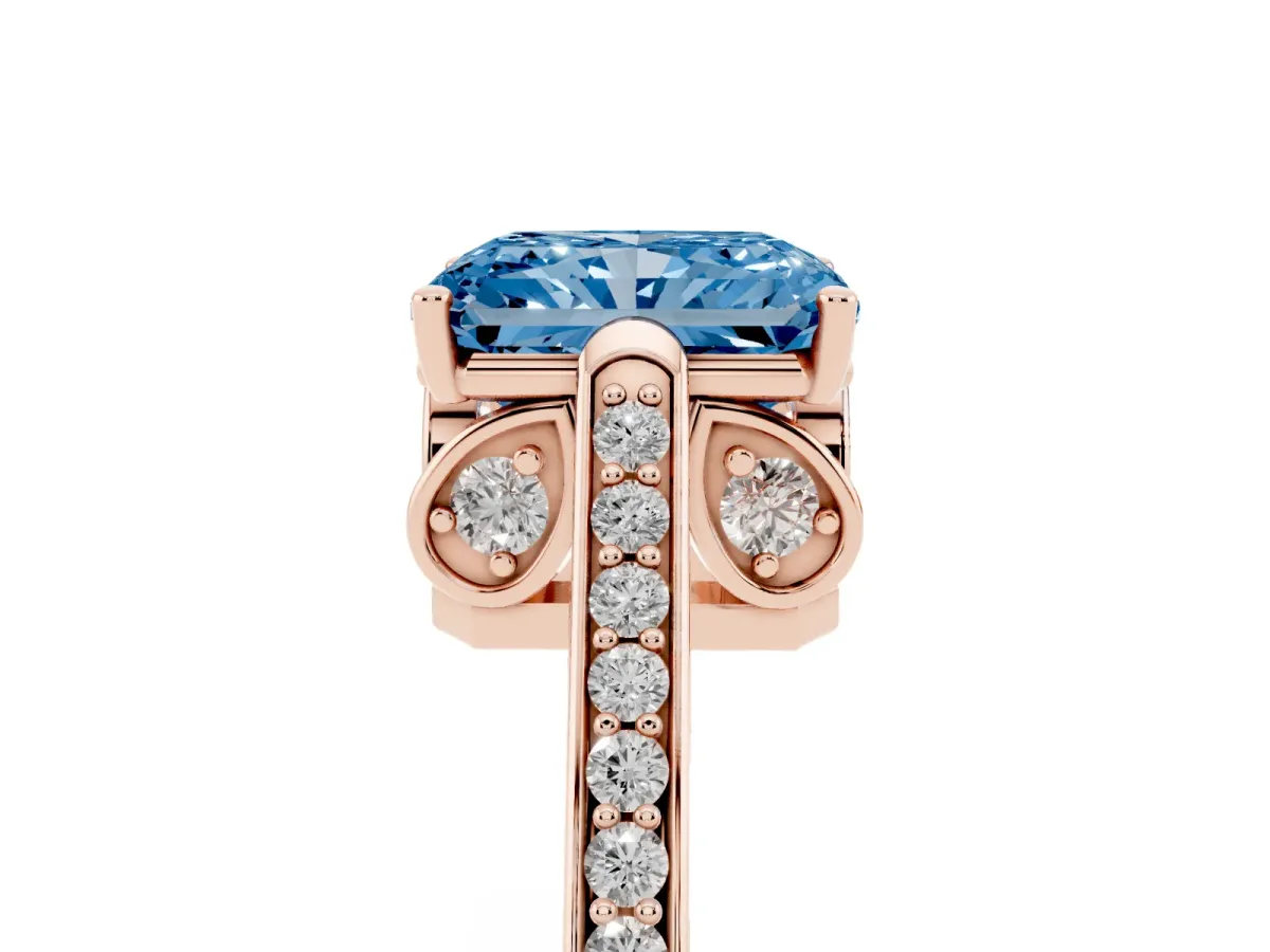 Fancy Blue Radiant Cut Cut Cathedral Pave Diamond Engagement Ring with Six-Prong Setting Rose gold