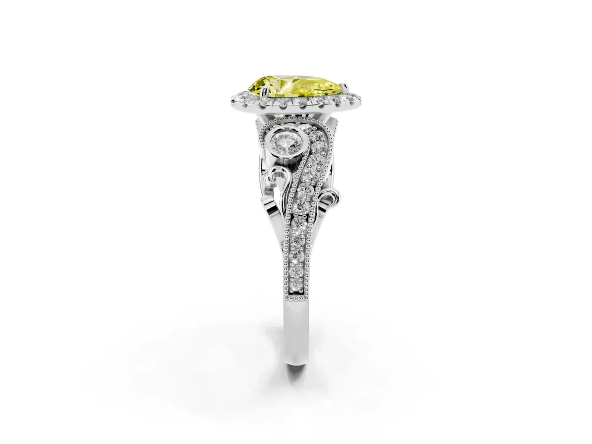 Fancy Yellow Pear Cut Diamond Halo Ring with Milgrain Pavé Band and Four-Prong Setting Platinum
