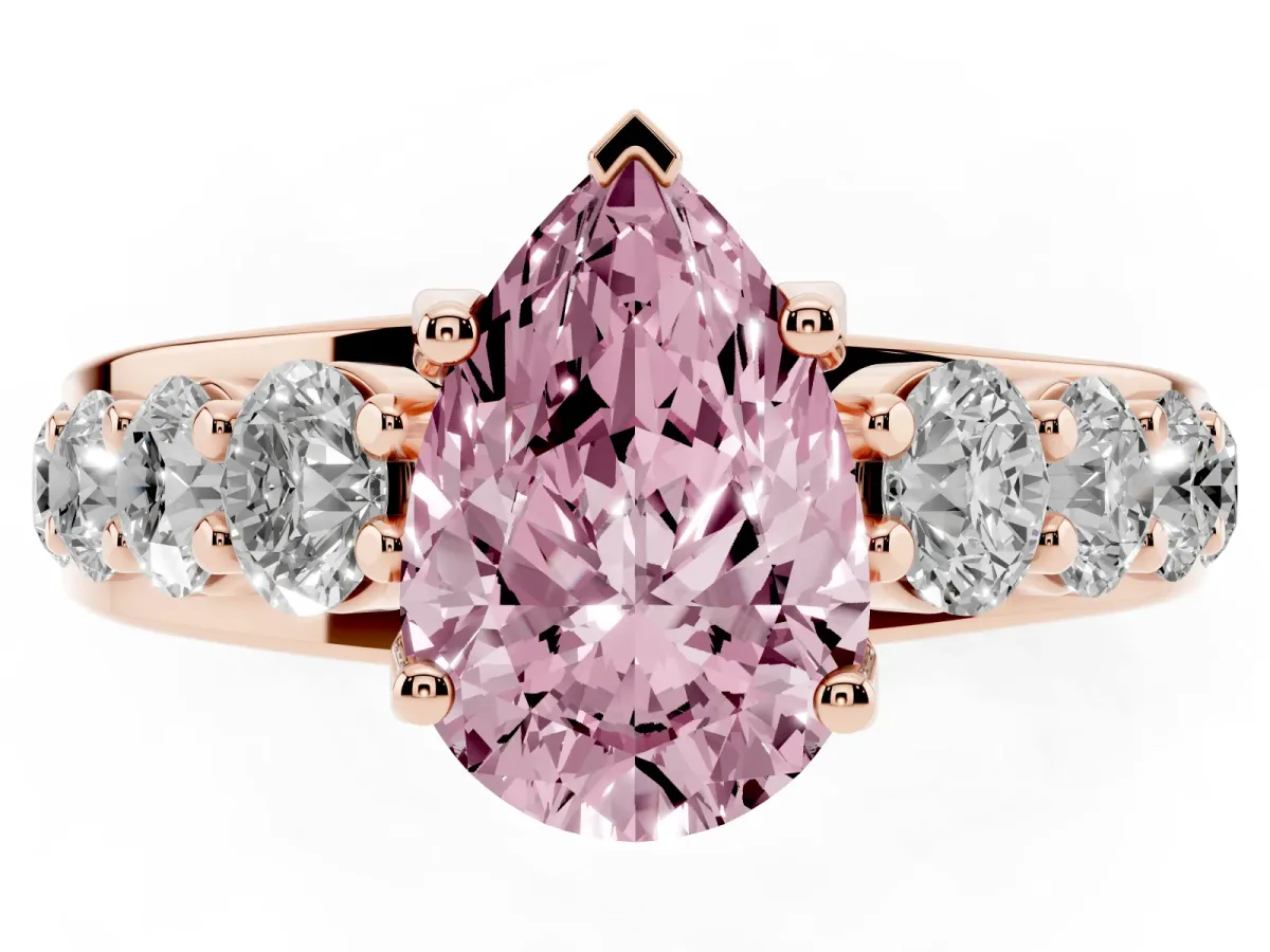 Fancy Pink Pear Cut Diamond Engagement Ring with Pavé Band and Four-Prong Setting Rose gold