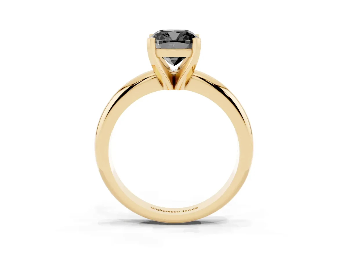Fancy Black Cushion Cut Diamond Solitaire Engagement Ring with Round Band and Four-Prong Setting Yellow gold