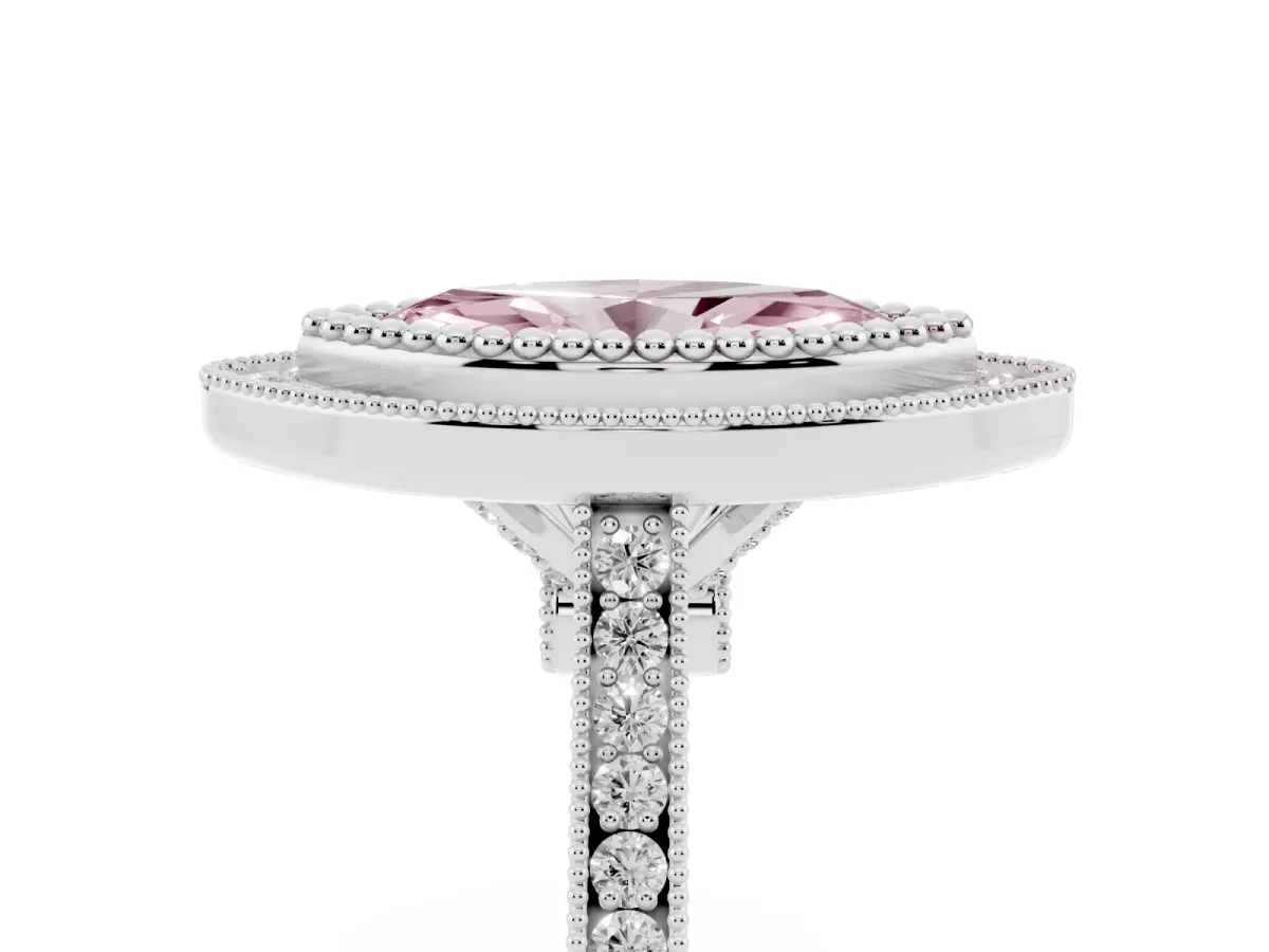 Fancy Pink Marquise Cut Diamond Halo Ring with Milgrain Frame and Pavé Band Platinum