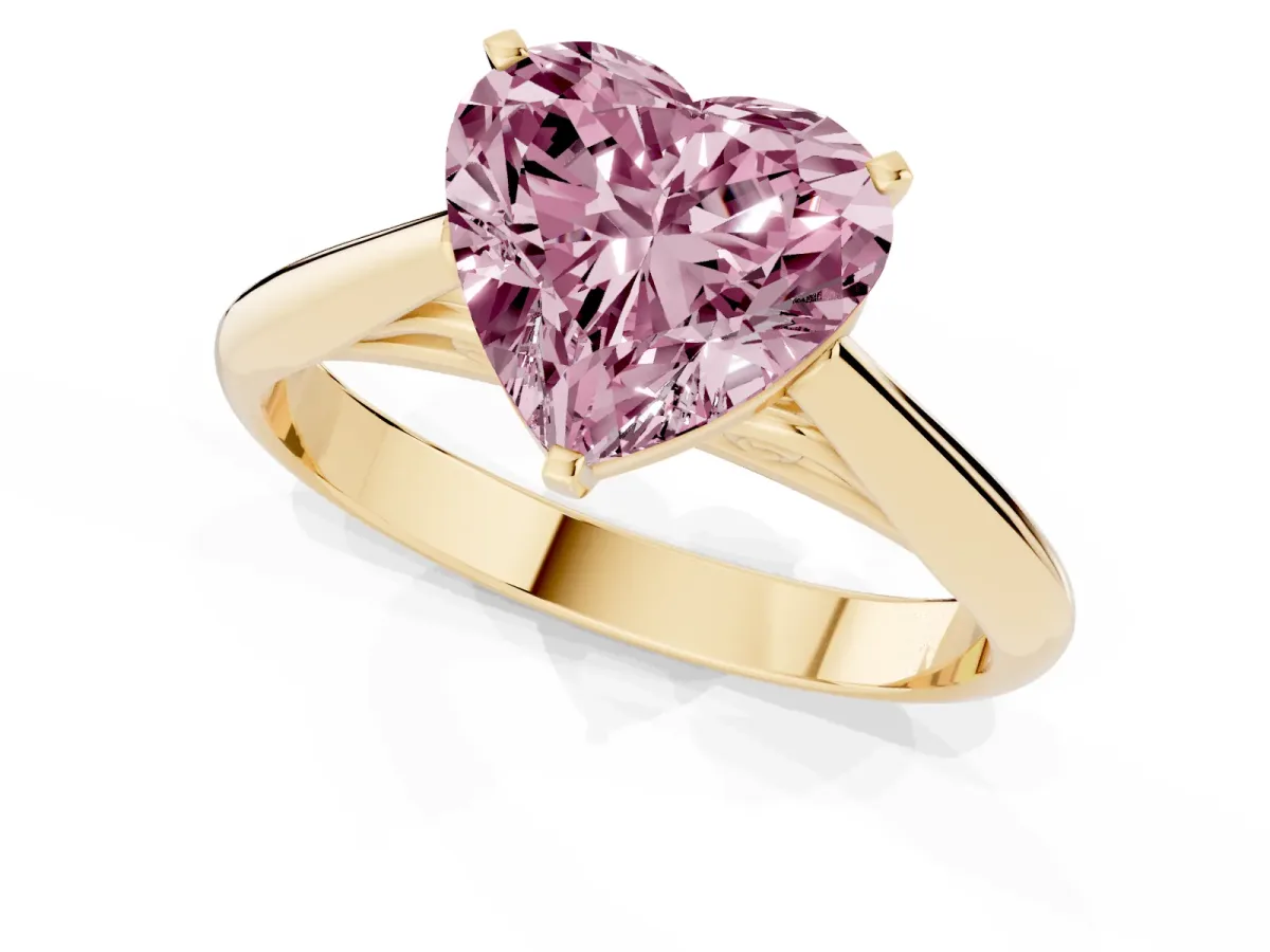 Fancy Pink Heart Cut Diamond Solitaire Engagement Ring with Cathedral Setting and Four-Prong Mount Yellow gold