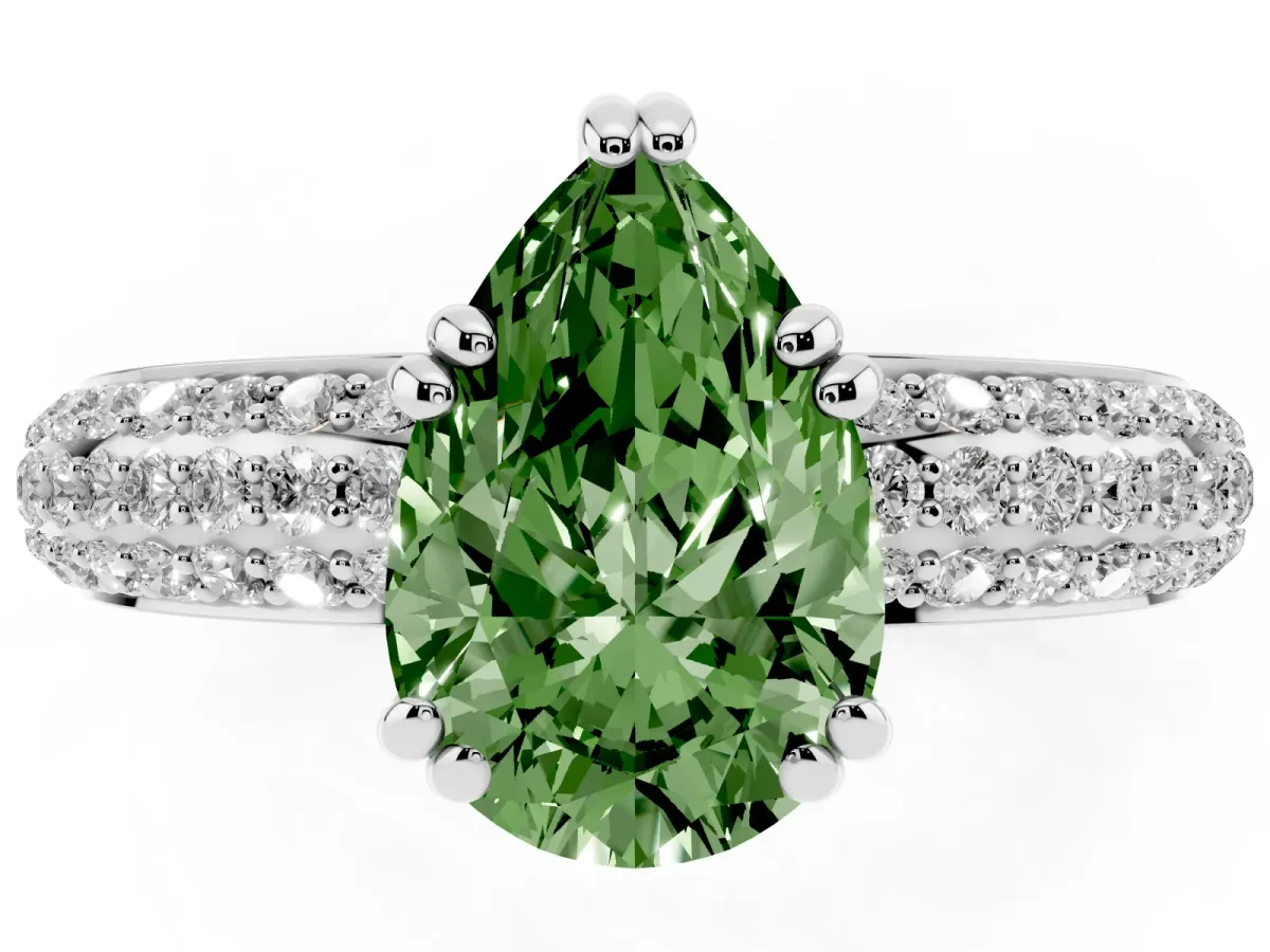 Fancy Green Pear Cut Diamond Solitaire Ring with Multi-Row Round Pavé Band and Prong Setting Silver