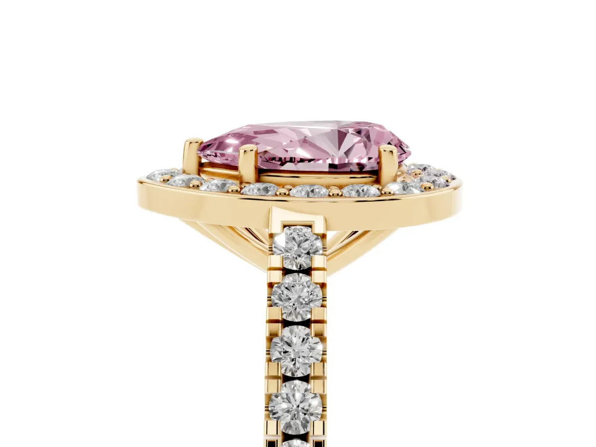 Fancy Pink Pear Cut Diamond Halo Ring with Round Pavé Split Shank and Prong Setting Yellow gold