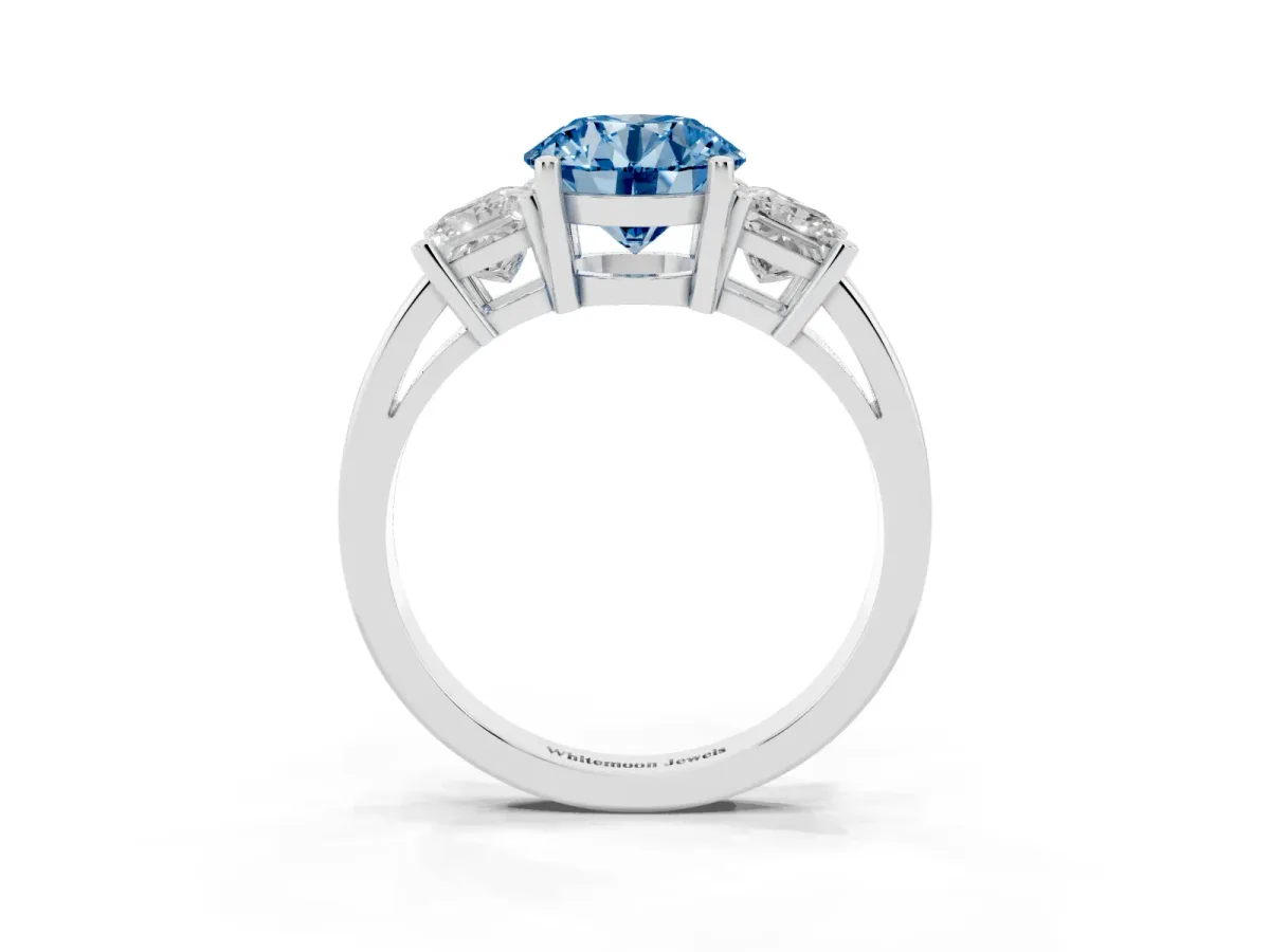 Fancy Blue Three-Stone Round Cut Cut Solitaire Ring with Prong Setting Silver