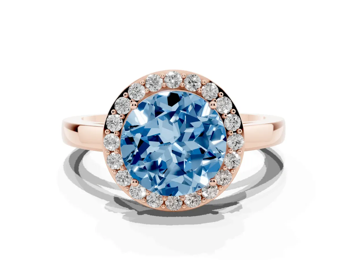 Fancy Blue Round Cut Halo Diamond Ring with Solitaire Band and Prong Setting Rose gold