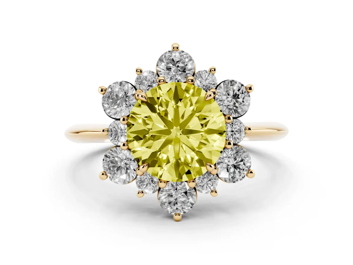 Fancy Yellow Round Cut Diamond Cluster Halo Ring with Solitaire Band and Four-Prong Setting Yellow gold