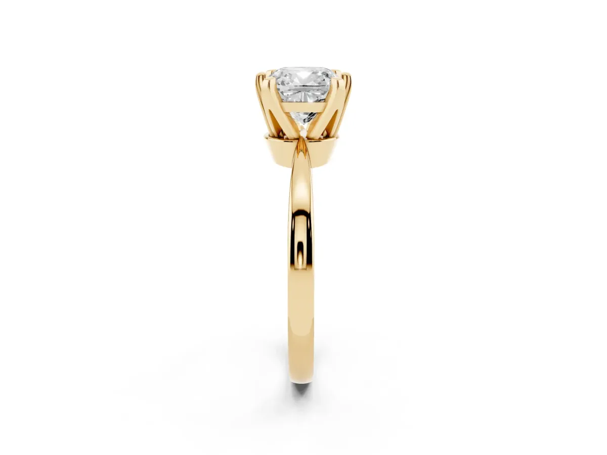 Cushion Cut Solitaire Engagement Ring with Six-Prong Setting and Tapered Band Yellow gold