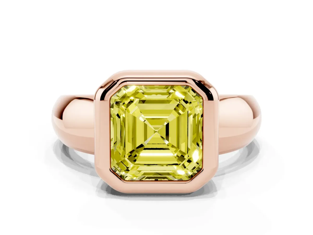 Fancy Yellow Bezel Set Asscher Cut Solitaire Ring with Wide Band Rose gold