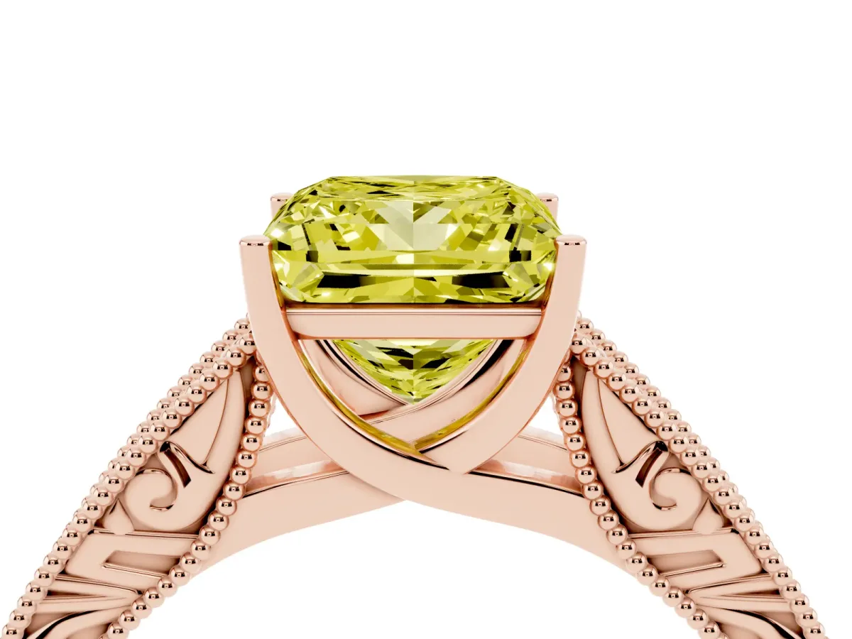 Fancy Yellow Princess Cut Diamond Solitaire Ring with Engraved Band and Four-Prong Setting Rose gold