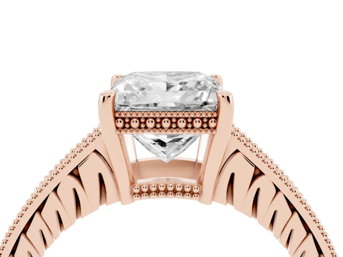 Princess Cut Solitaire Pavé Diamond Milgrain Engagement Ring with Four-Prong Setting Rose gold
