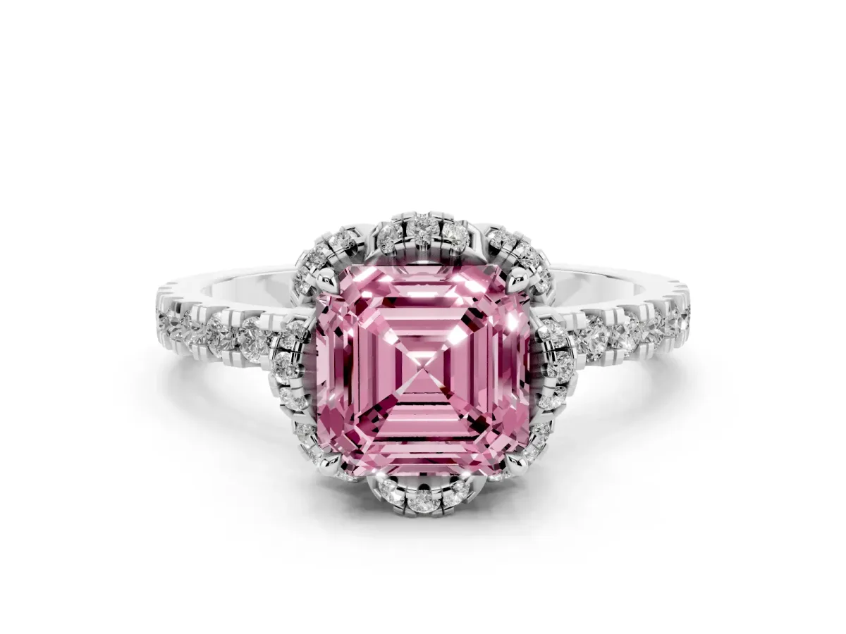 Fancy Pink Asscher Cut Halo Diamond Pave Band Ring with Four-Prong Setting Silver