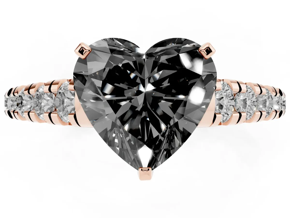 Fancy Black Heart Cut Diamond Cathedral Solitaire Ring with Round Pavé Band Rose gold