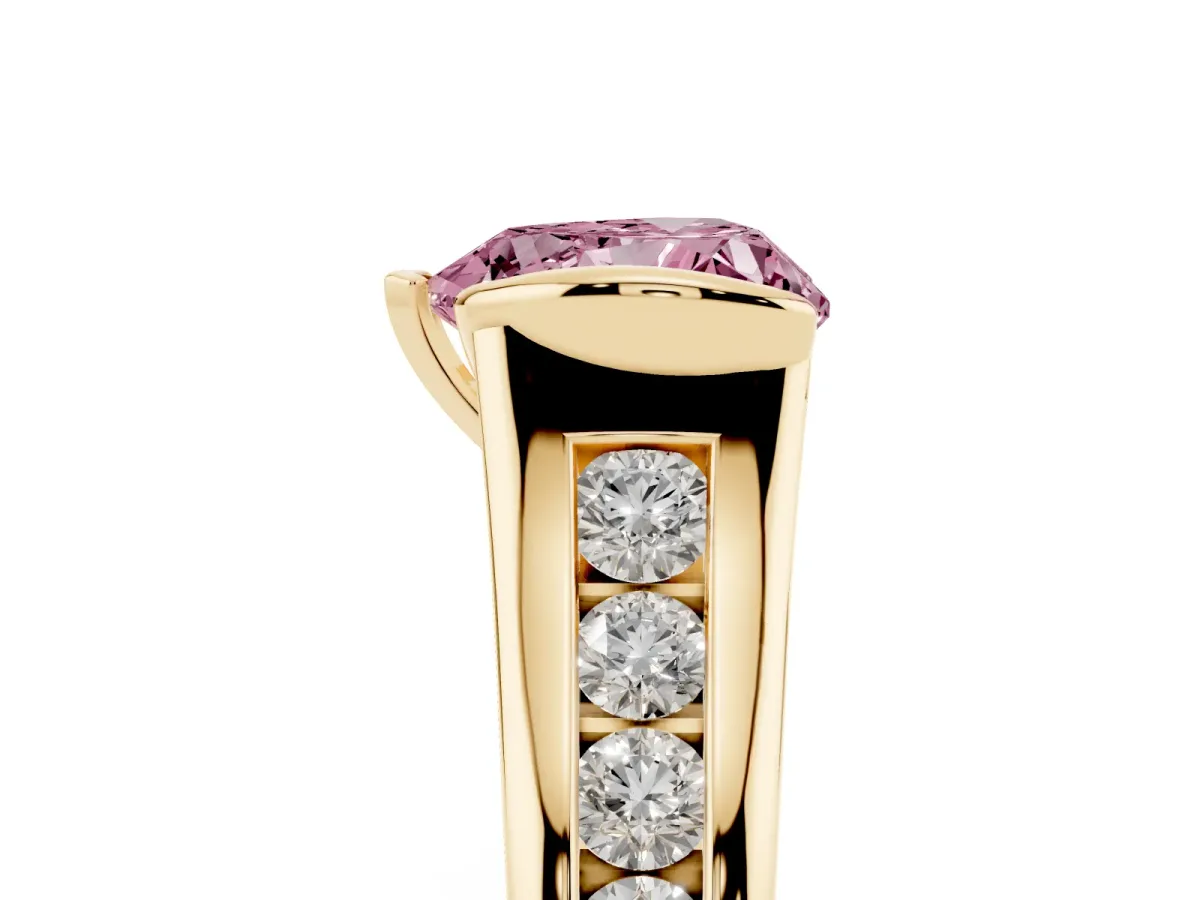 Fancy Pink Heart Cut Solitaire Bezel-Set Diamond Ring with Channel-Set Band Yellow gold