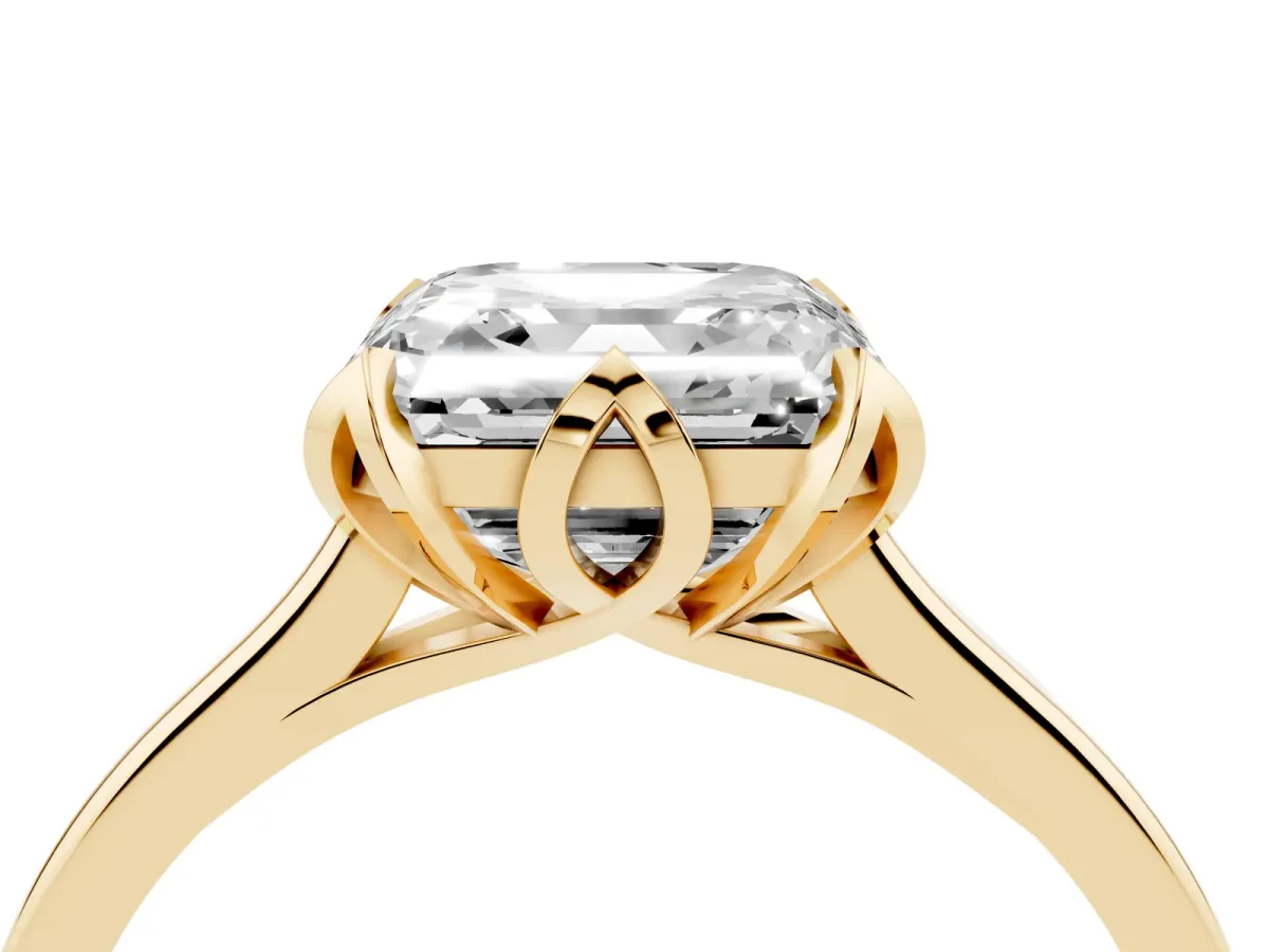 Asscher Cut Diamond Solitaire Ring with Flower Prong Setting and Classic Band Yellow gold