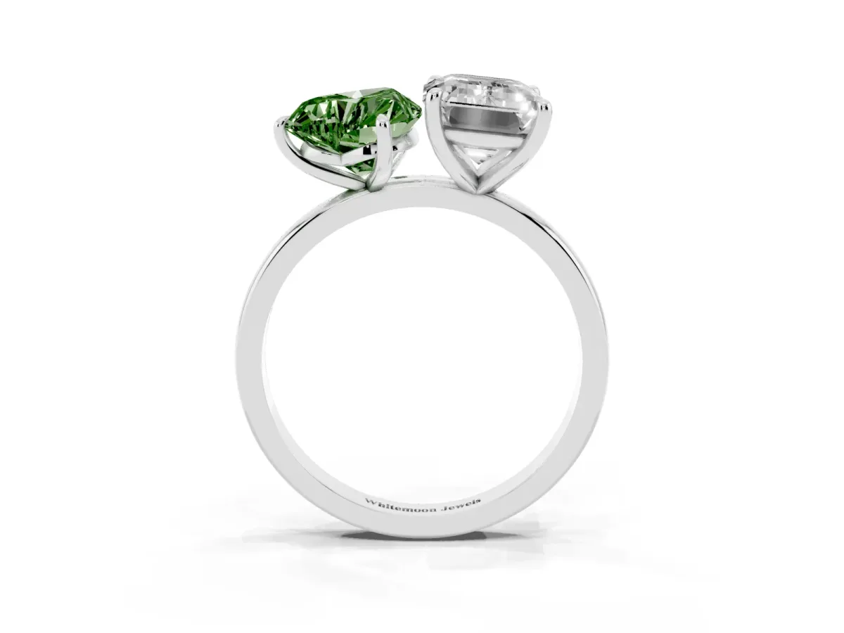 Fancy Green Heart Cut and Emerald Cut Toi Moi Ring with Prong Setting Silver