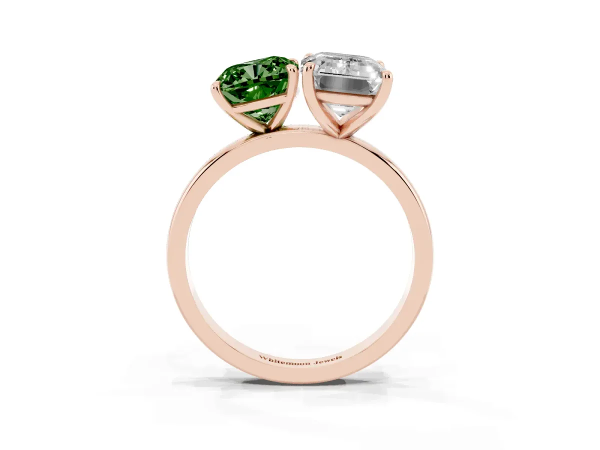 Fancy Green Cushion Cut and Emerald Cut Toi Moi Ring with Prong Setting Rose gold
