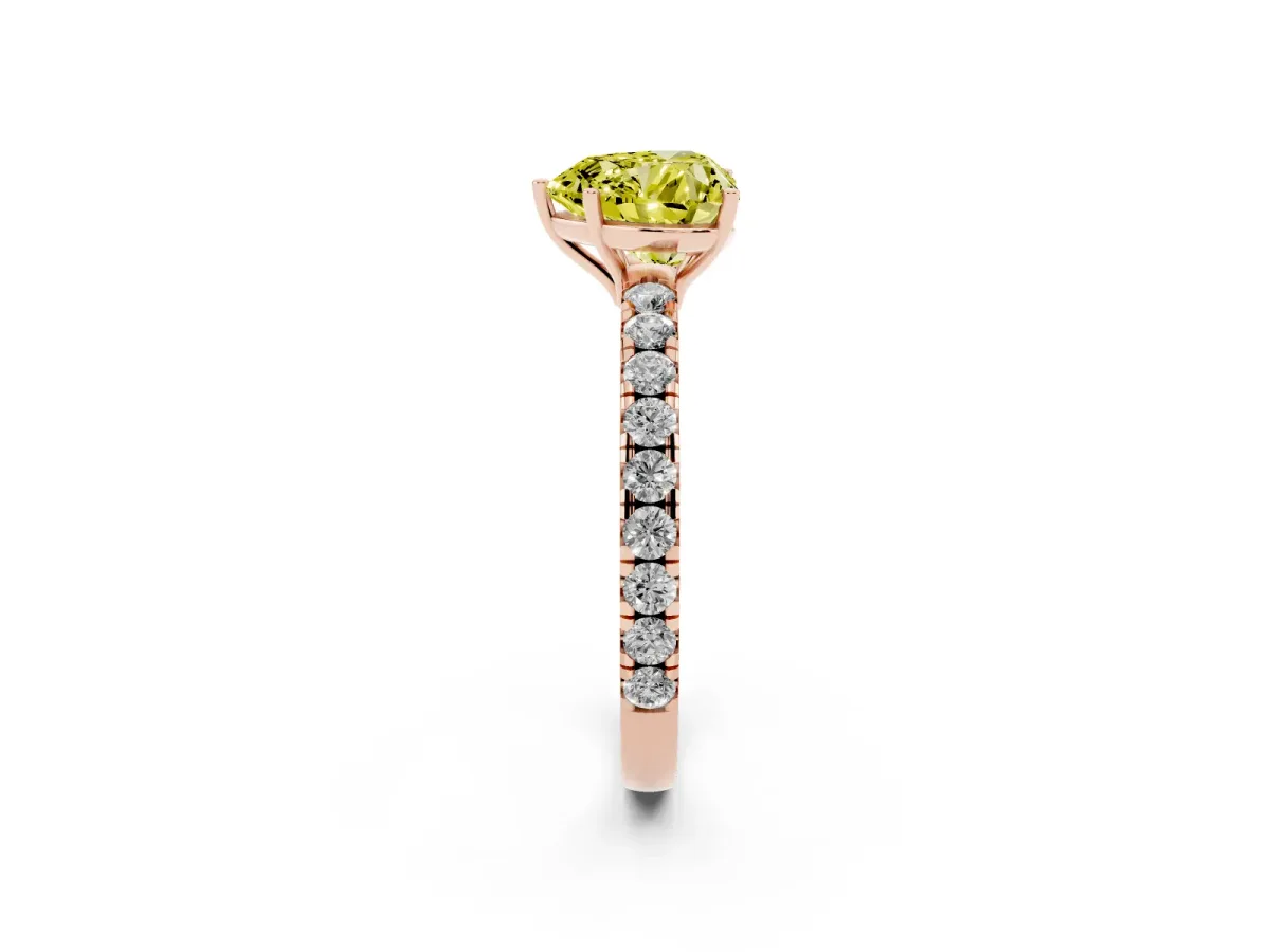 Fancy Yellow Heart Cut Diamond Pavé Solitaire Engagement Ring with Four-Prong Setting Rose gold