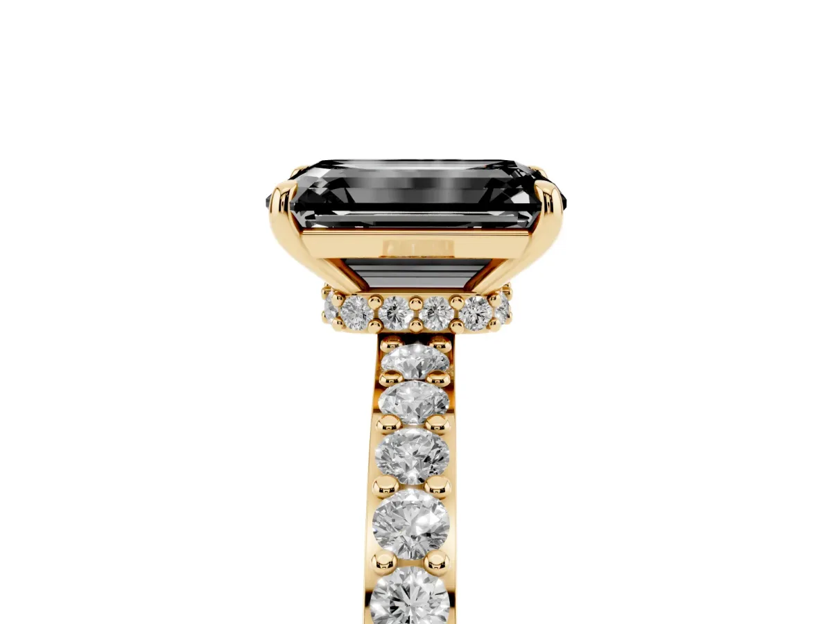 Fancy Black Emerald Cut Diamond Solitaire Engagement Ring with Pavé Band and Four-Prong Setting Yellow gold