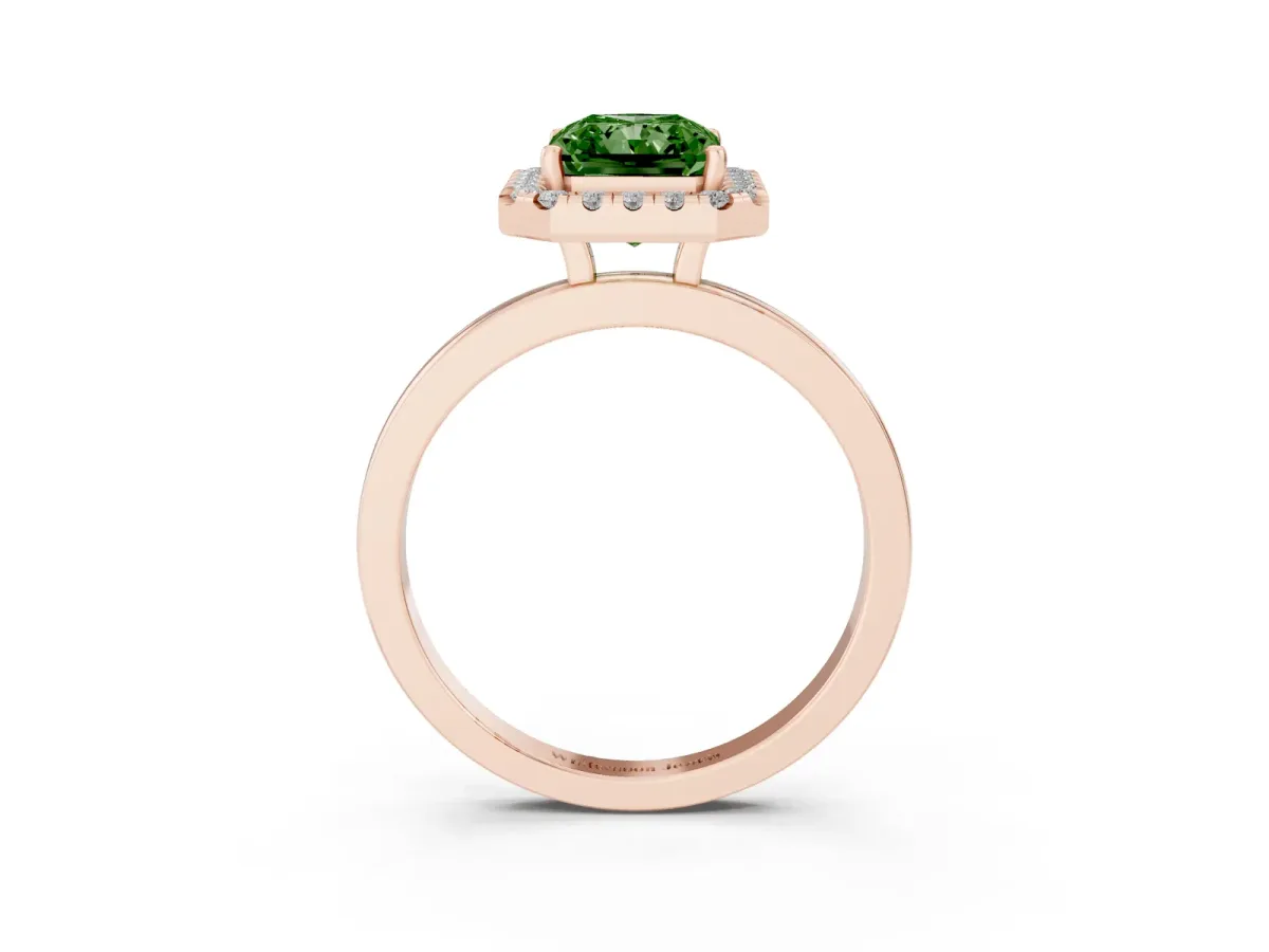 Fancy Green Radiant Cut Halo Diamond Solitaire with Pavé Band and Four-Prong Setting Rose gold