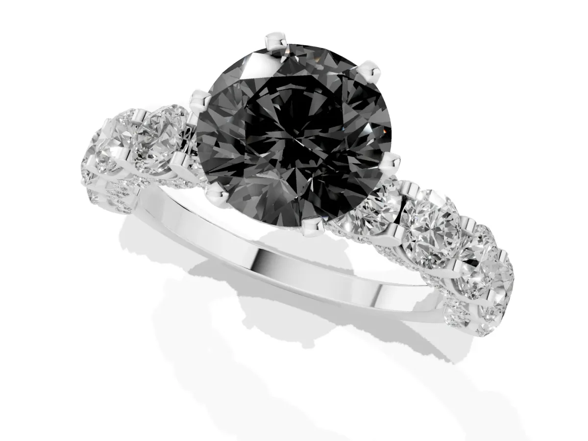 Fancy Black Round Cut Diamond Side Stone Engagement Ring with Four-Prong Setting Platinum