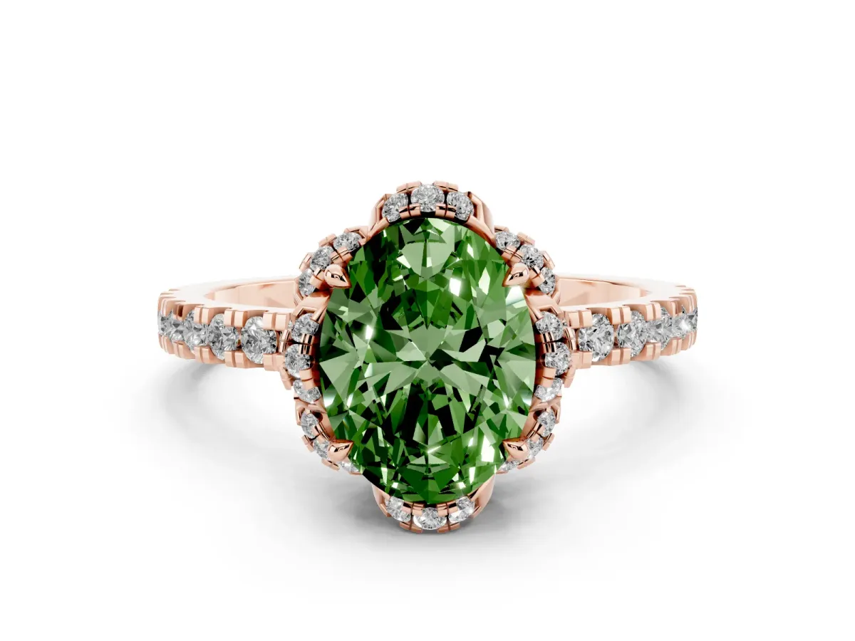 Fancy Green Oval Cut Diamond Halo Pave Band with Four-Prong Setting Rose gold