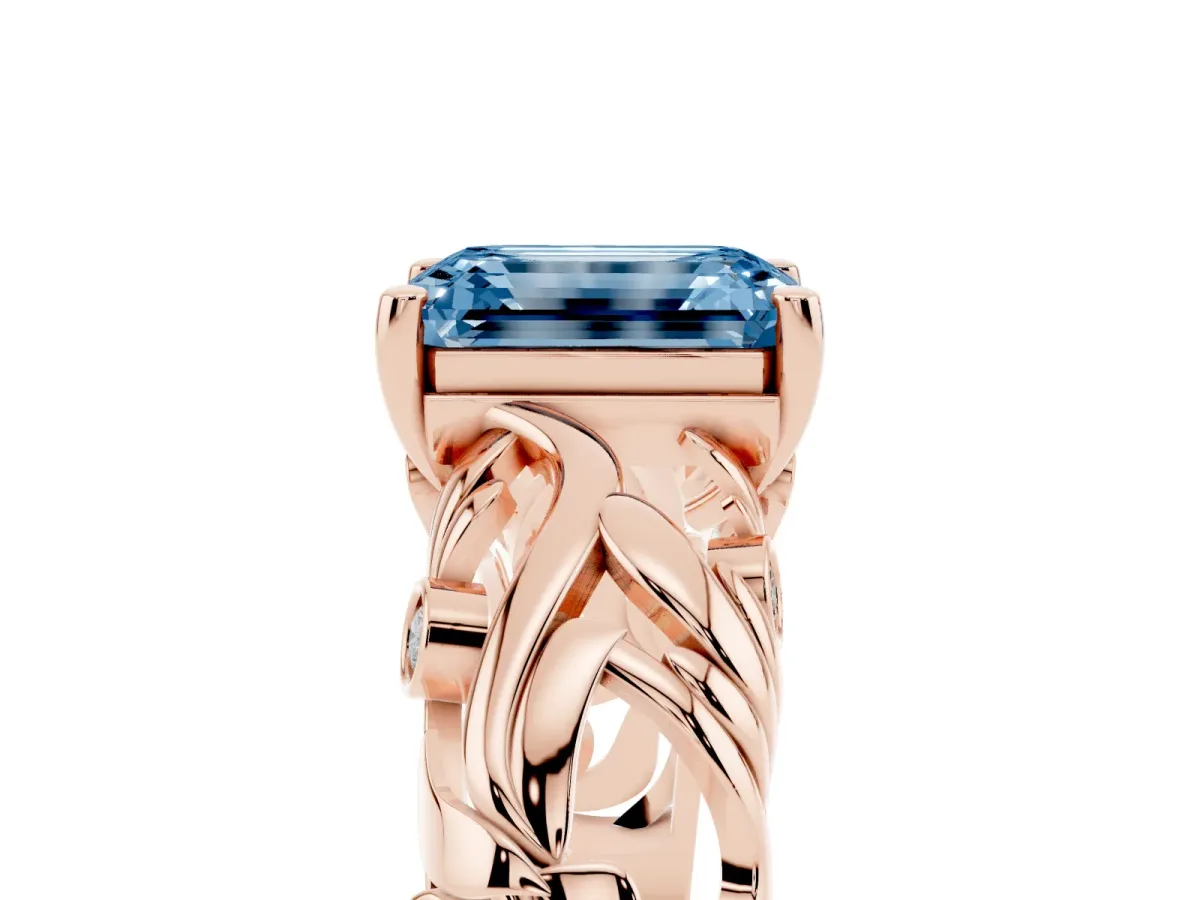 Fancy Blue Emerald Cut Solitaire Diamond Leaf-Inspired Vine Band Ring with Prong Setting Rose gold